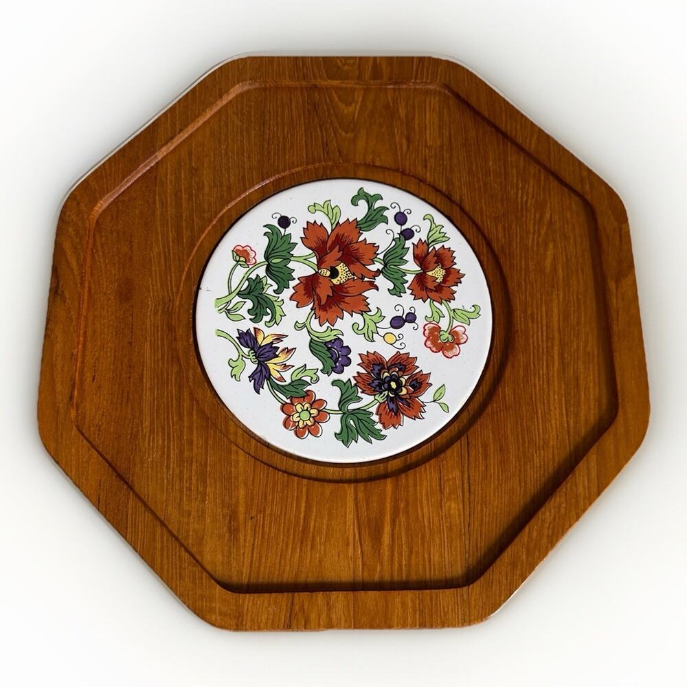 Vintage Dolphin MCM Octagon charcuterie board wood and ceramic tile Inlay 12”